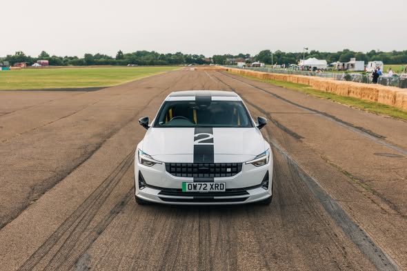 Polestar 2 BST front-on on runway at Bicester Heritage — Carswells detailing support